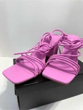 PrettyLittleThing Pink Multi-Strap Lace-Up Strappy Block Heels, Sexy, Sz 8